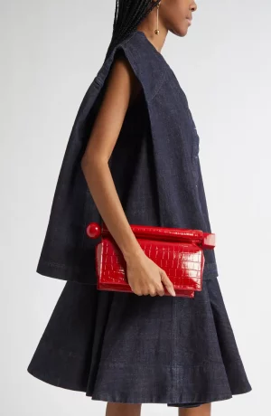 La Pochette Rond Carré Croc Embossed Leather Clutch